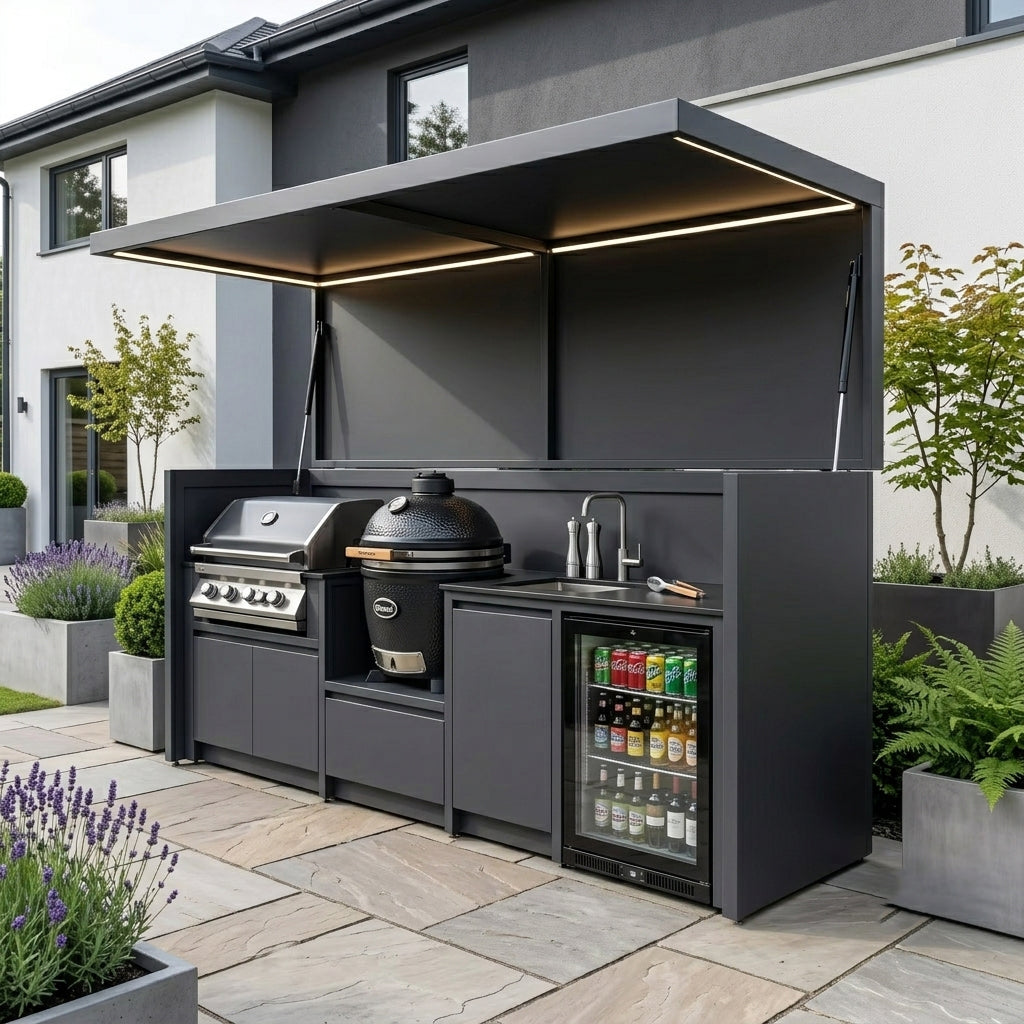 Bespoke Stainless Steel Outdoor Kitchen Pod with Shed and BBQ – Canopy Roof Design, Kamado Grill Station for Poolside
