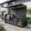 Bespoke Stainless Steel Outdoor Kitchen Pod with Shed and BBQ – Canopy Roof Design, Kamado Grill Station for Poolside