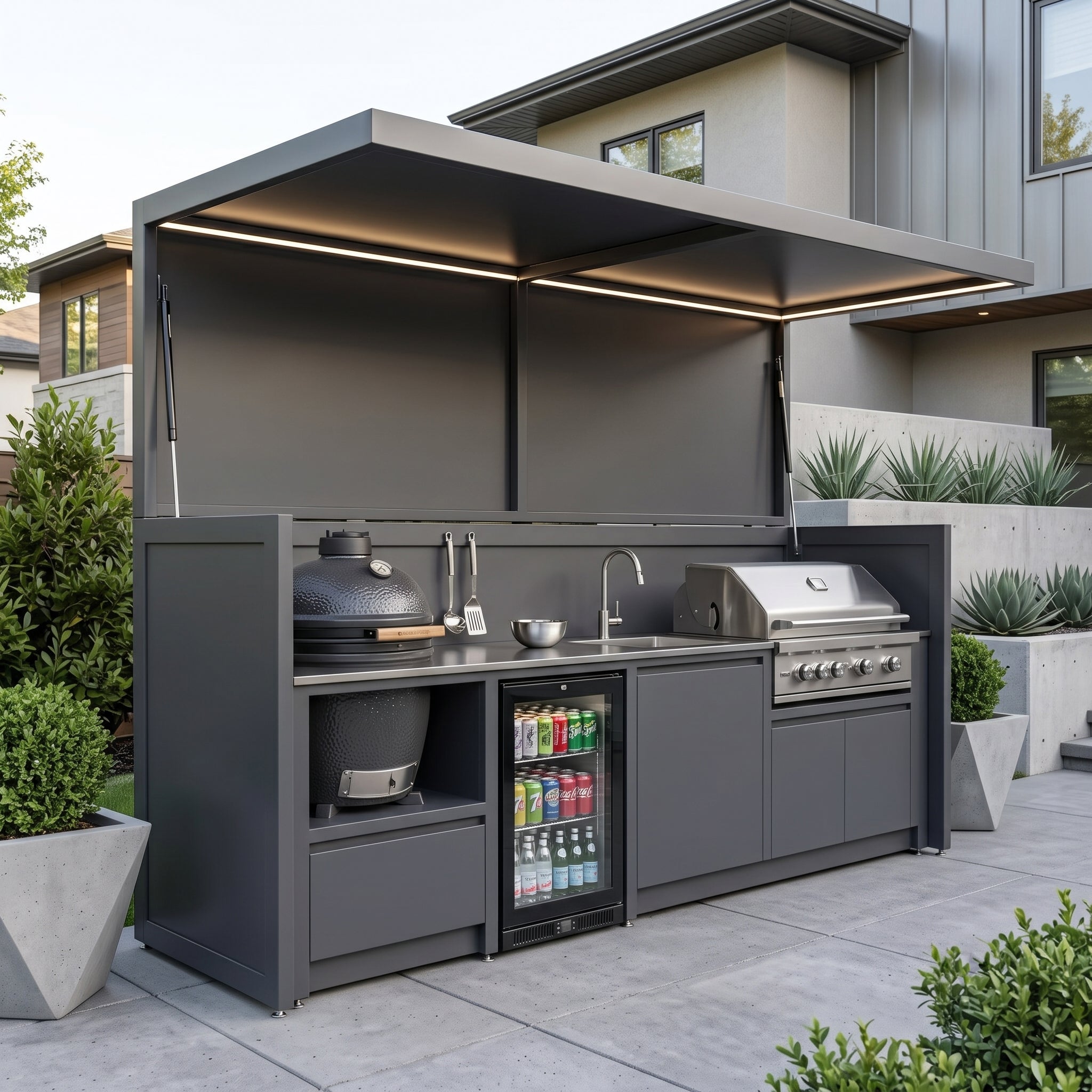 Bespoke Durable Stainless Steel Outdoor BBQ Kitchen Shed – Canopy Roof, Gas BBQ With Sink for Patio