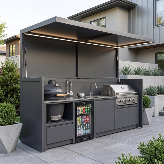 Bespoke Durable Stainless Steel Outdoor BBQ Kitchen Shed – Canopy Roof, Gas BBQ With Sink for Patio