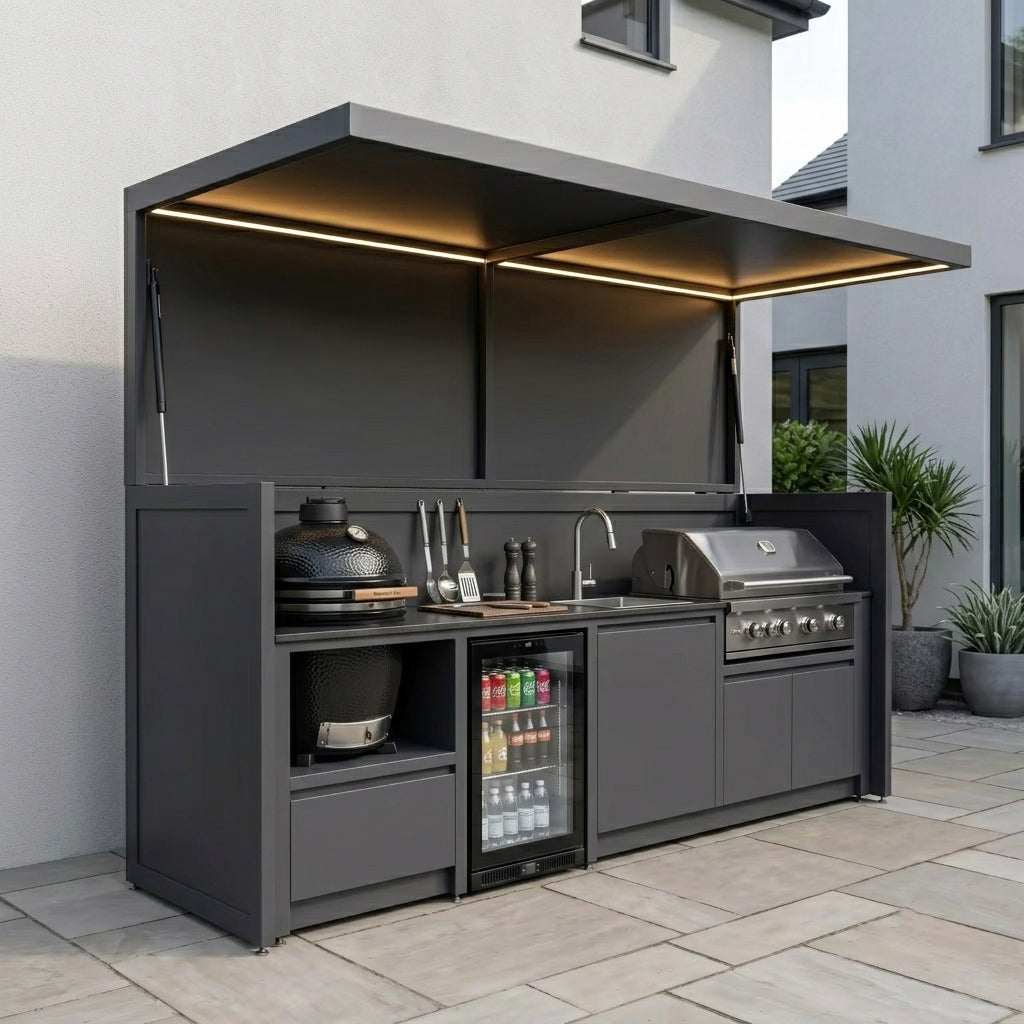 Made-to-Order Stainless Steel Outdoor Kitchen & BBQ Pod with Shed – Covered Canopy, BBQ & Refrigerator for Garden