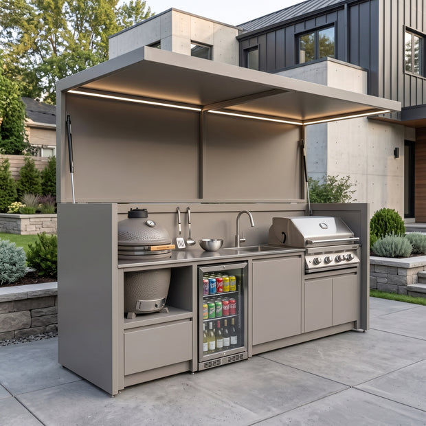 Tailor-Made Stainless Steel Outdoor Kitchen & BBQ Shed – Canopy Roof Design, Kamado Grill Station for Villa Courtyard