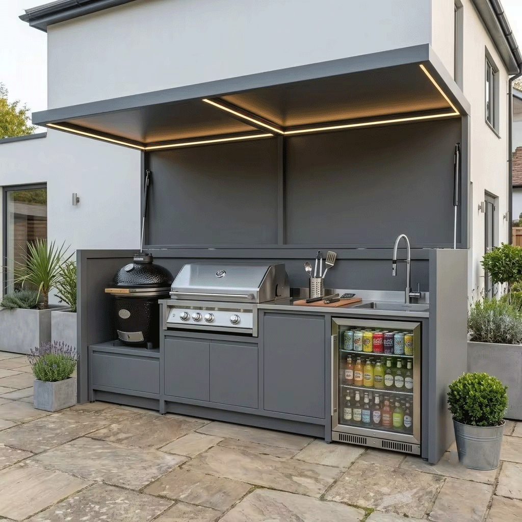 Bespoke Premium Stainless Steel Outdoor Kitchen Pod with Shed and BBQ – Canopy Roof, BBQ Station & Sink for Patio