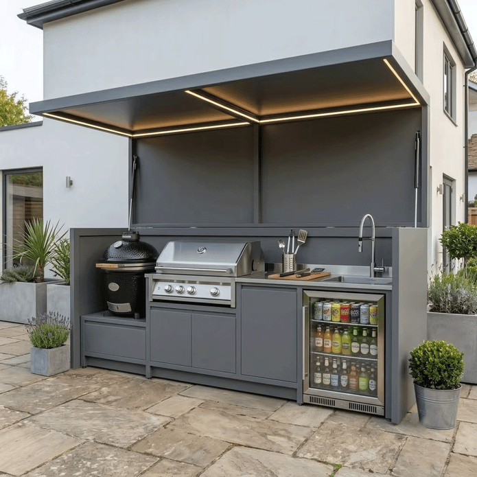 Bespoke Premium Stainless Steel Outdoor Kitchen Pod with Shed and BBQ – Canopy Roof, BBQ Station & Sink for Patio