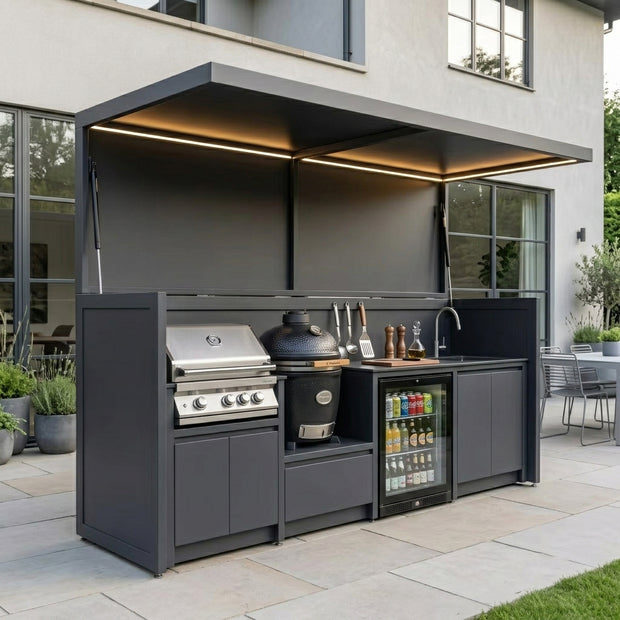 Bespoke Stainless Steel Outdoor BBQ Kitchen Shed – Covered Canopy, BBQ Grill & Sink for Villa Courtyard