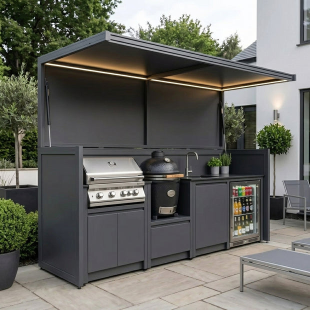 Bespoke Modern Stainless Steel Outdoor Kitchen Shed – Canopy Roof, Gas BBQ & Fridge for Villa Courtyard