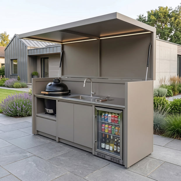 Custom Weatherproof Stainless Steel Outdoor BBQ Pod – Open Design With Canopy, Kamado & Sink for Garden