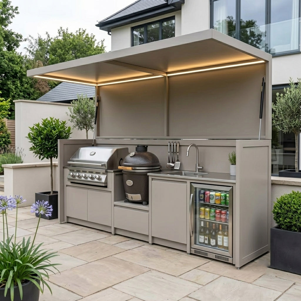 Bespoke Weatherproof Stainless Steel Outdoor Kitchen Shed – Open Design With Canopy, Kamado With Sink for Patio