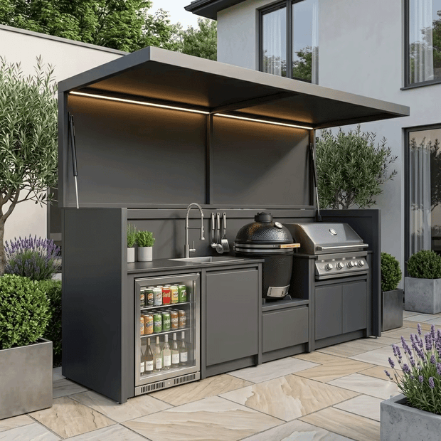Custom Modern Stainless Steel Outdoor Kitchen Pod Set with Shed – Covered Canopy, BBQ & Kamado Combo for Patio