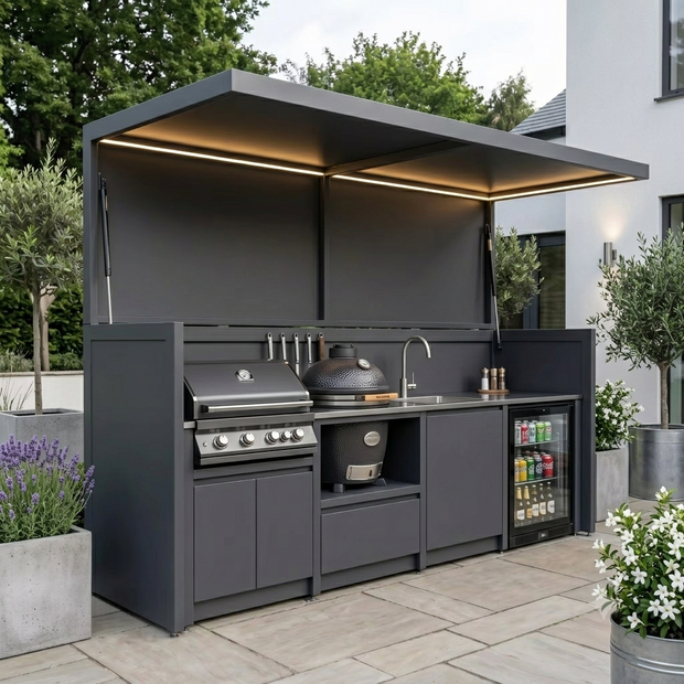 Made-to-Order Stainless Steel Outdoor Kitchen & BBQ Pod with Shed – Canopy Roof Design, BBQ & Kamado Combo for Patio