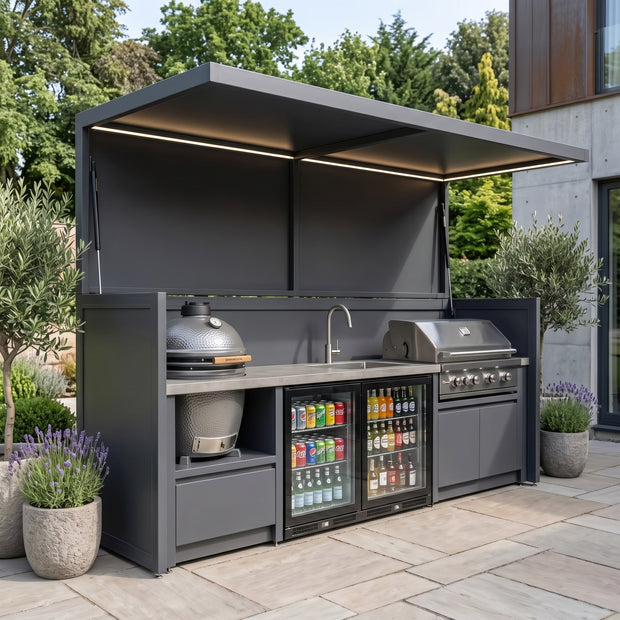 Bespoke Weatherproof Stainless Steel Outdoor Kitchen Shed – Canopy Roof, BBQ & Fridge for Poolside