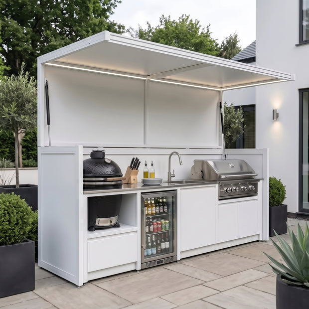 Bespoke Stainless Steel Outdoor Kitchen Pod with Shed and BBQ – Canopy Roof Design, BBQ & Kamado Combo for Patio