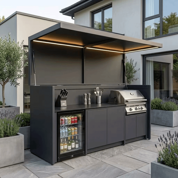 Custom Weatherproof Stainless Steel Outdoor Kitchen Pod with Shed – Covered Canopy, Gas BBQ Station for Poolside