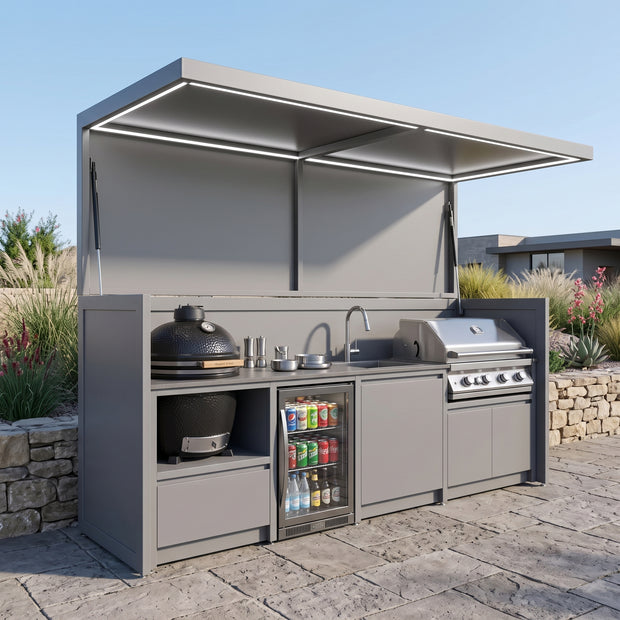 Custom Stainless Steel Outdoor Kitchen Pod with Shed – Canopy Roof Design, BBQ Grill & Sink for Poolside