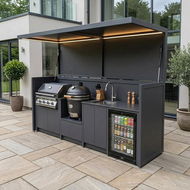 Custom Stainless Steel Outdoor Kitchen Pod with Shed – Canopy Roof Design, BBQ Grill & Sink for Villa Courtyard