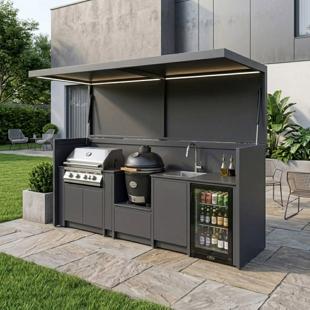 Custom Stainless Steel Outdoor Kitchen Pod with Shed – Open Design With Canopy, BBQ Grill & Sink for Patio