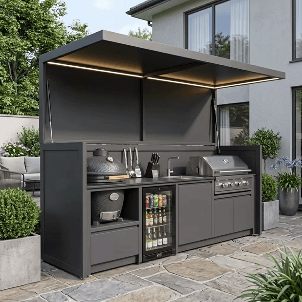 Tailor-Made Durable Stainless Steel Outdoor Kitchen & BBQ Shed – Canopy Roof, Refrigerator & Sink for Patio