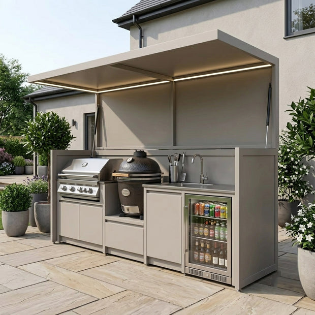 Made-to-Order Stainless Steel Outdoor Kitchen Pod – Open Design With Canopy, BBQ & Refrigerator for Villa Courtyard