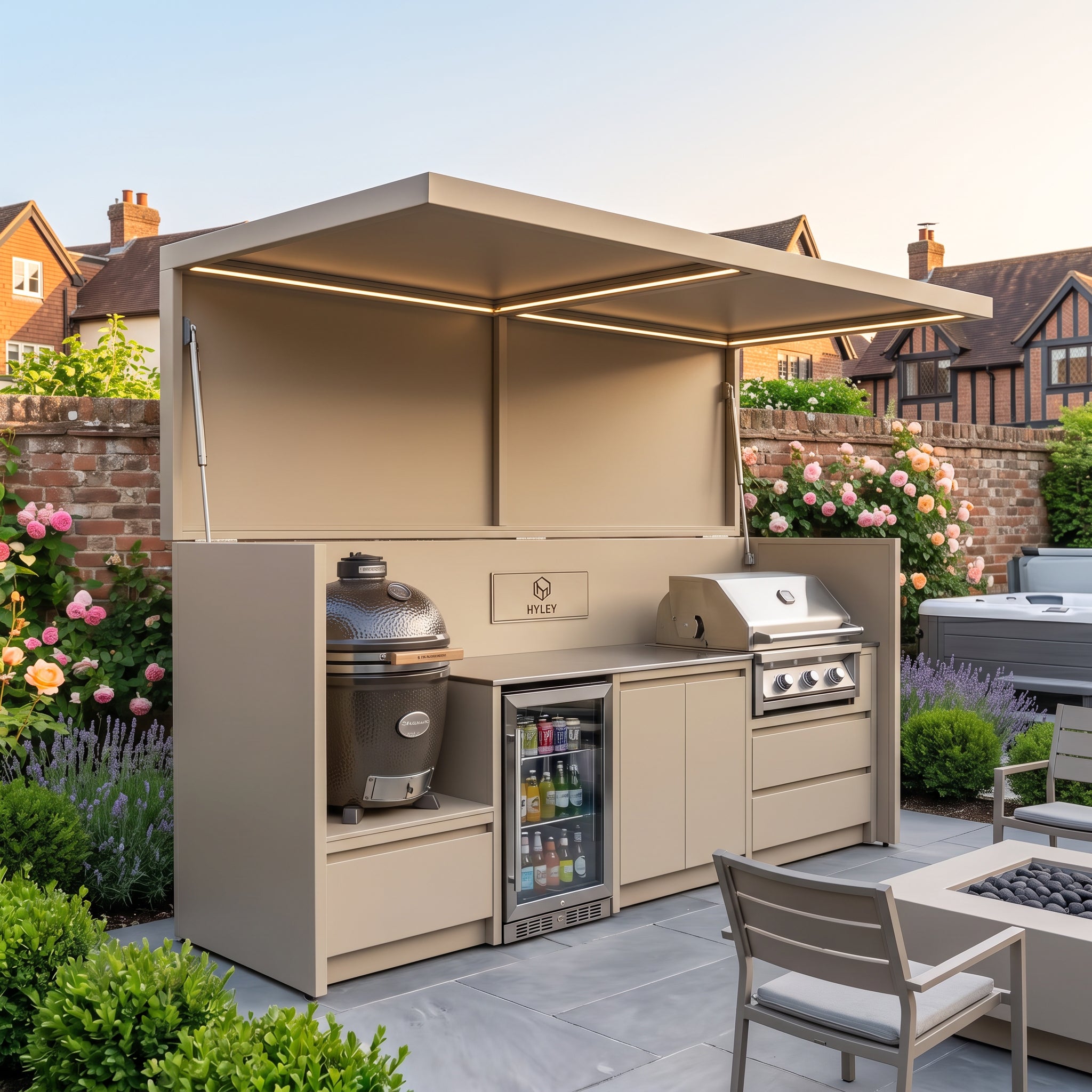 Custom Stainless Steel Outdoor Kitchen Pod with Shed – Covered Canopy, BBQ Grill & Sink for Poolside
