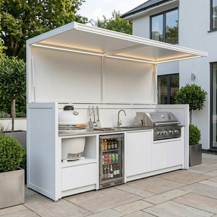 Made-to-Order Stainless Steel Outdoor Kitchen & BBQ Pod with Shed – Open Design With Canopy, BBQ With Built-in Fridge for Villa Courtyard