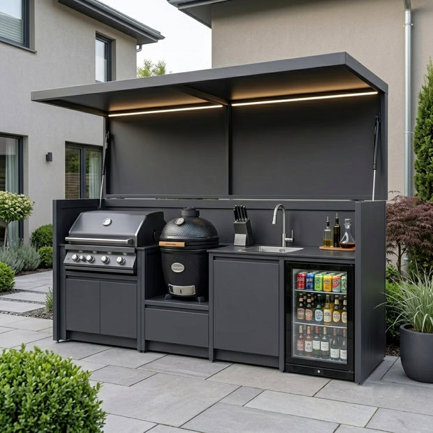 Custom Stainless Steel Outdoor Kitchen Pod Set with Shed – Open Design With Canopy, Refrigerator & Sink for Villa Courtyard