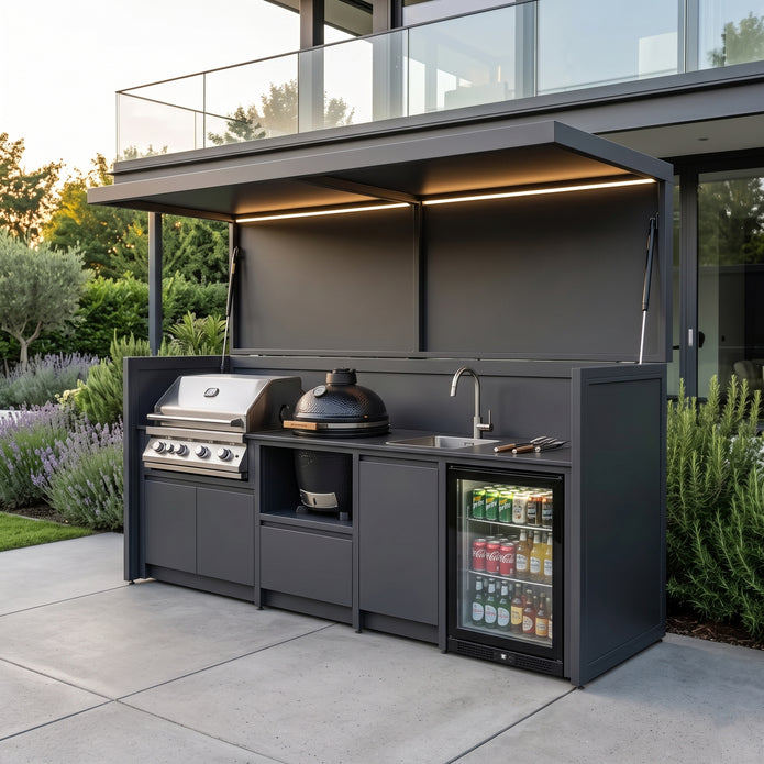 Tailor-Made Stainless Steel Outdoor BBQ Kitchen Pod with Shed – Open Design With Canopy, BBQ & Refrigerator for Poolside