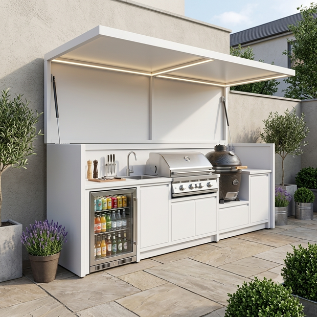 Custom Stainless Steel Outdoor Kitchen Pod with Shed – Canopy Roof, BBQ & Fridge for Villa Courtyard
