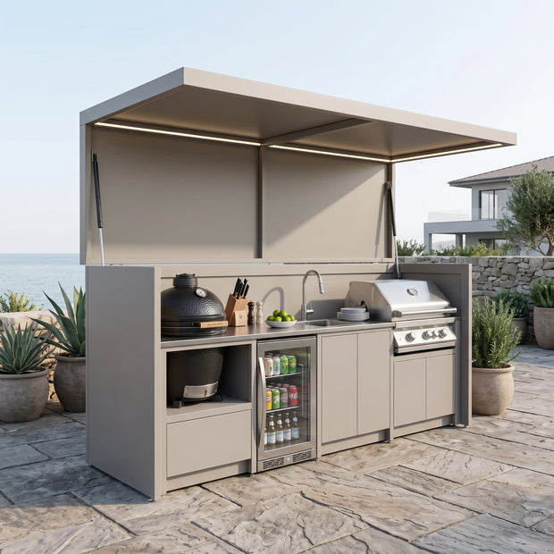 Tailor-Made Stainless Steel Outdoor BBQ Pod with Kitchen Shed – Canopy Roof Design, Gas BBQ With Sink for Villa Courtyard