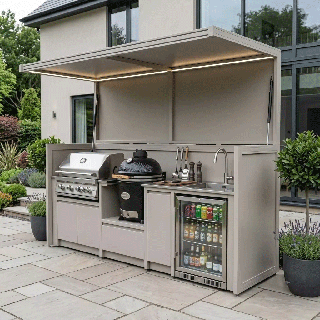 Tailor-Made Stainless Steel Outdoor Kitchen & BBQ Shed – Open Design With Canopy, Gas BBQ With Sink for Patio