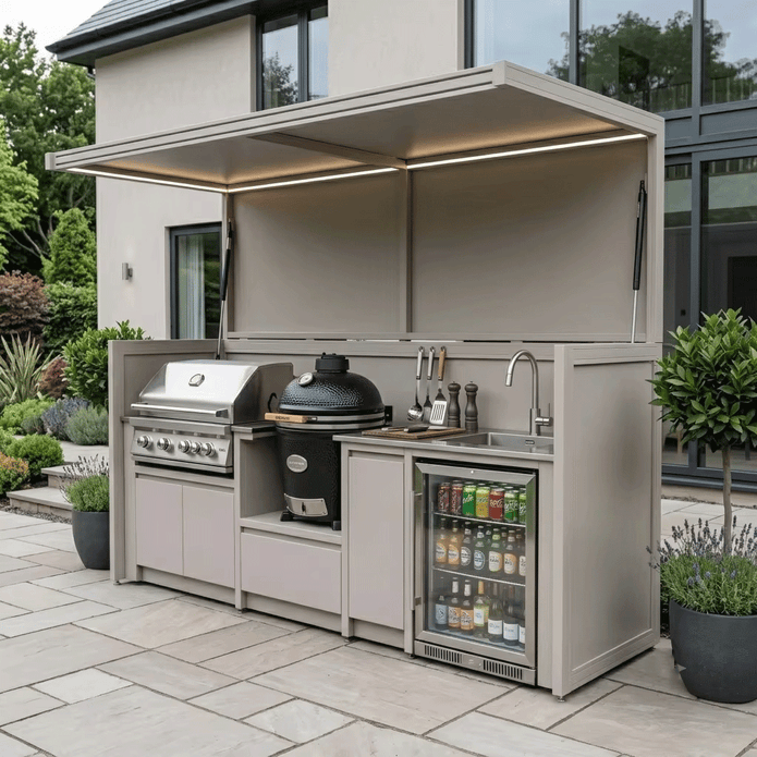 Tailor-Made Stainless Steel Outdoor Kitchen & BBQ Shed – Open Design With Canopy, Gas BBQ With Sink for Patio