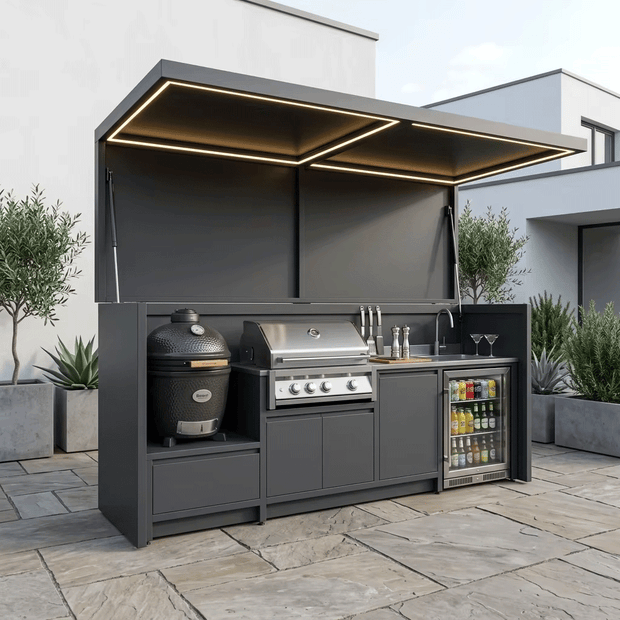Bespoke Durable Stainless Steel Outdoor BBQ Kitchen Shed – Canopy Roof, BBQ Station & Sink for Patio