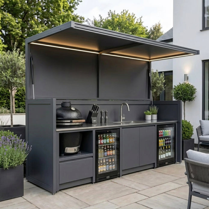 Tailor-Made Stainless Steel Outdoor BBQ Kitchen Pod with Shed – Canopy Roof Design, BBQ & Refrigerator for Villa Courtyard