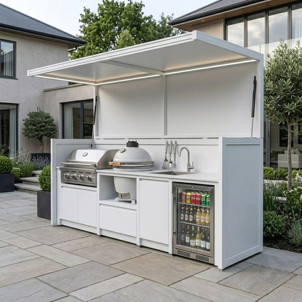 Tailor-Made Stainless Steel Outdoor BBQ Pod with Kitchen Shed – Canopy Roof Design, BBQ Grill & Sink for Poolside