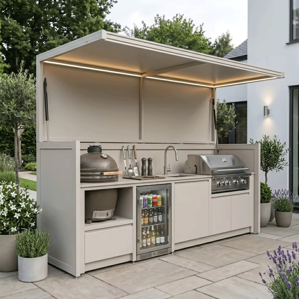 Made-to-Order Stainless Steel Outdoor Kitchen Shed with BBQ Pod – Canopy Roof, Gas BBQ With Sink for Backyard