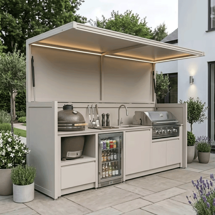 Made-to-Order Stainless Steel Outdoor Kitchen Shed with BBQ Pod – Canopy Roof, Gas BBQ With Sink for Backyard