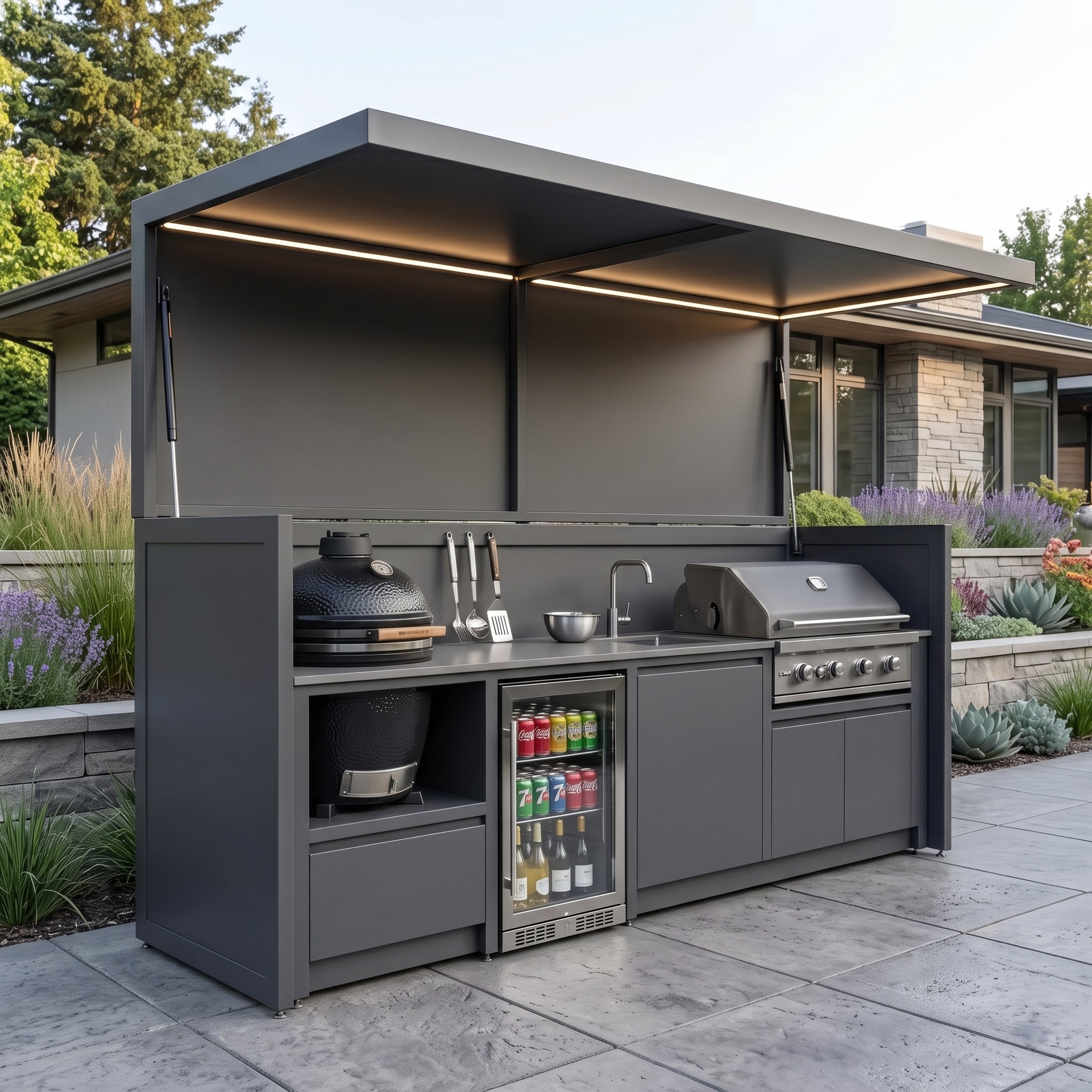 Made-to-Order Stainless Steel Outdoor Kitchen Shed with BBQ Pod – Covered Canopy, Kamado With Sink for Villa Courtyard