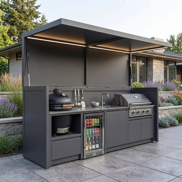 Made-to-Order Stainless Steel Outdoor Kitchen Shed with BBQ Pod – Covered Canopy, Kamado With Sink for Villa Courtyard