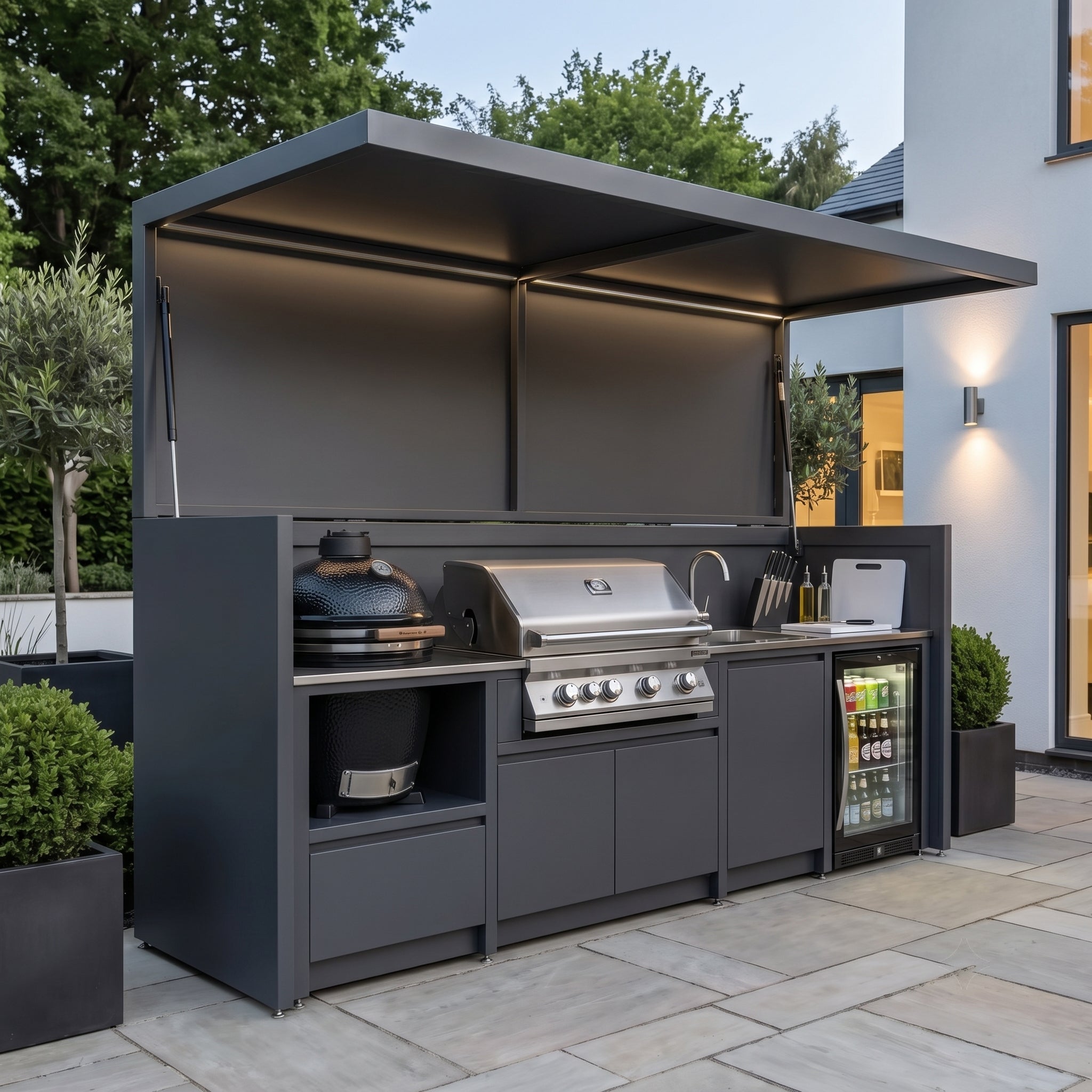 Custom Rustproof Stainless Steel Outdoor BBQ Pod – Canopy Roof, Kamado Grill Station for Garden