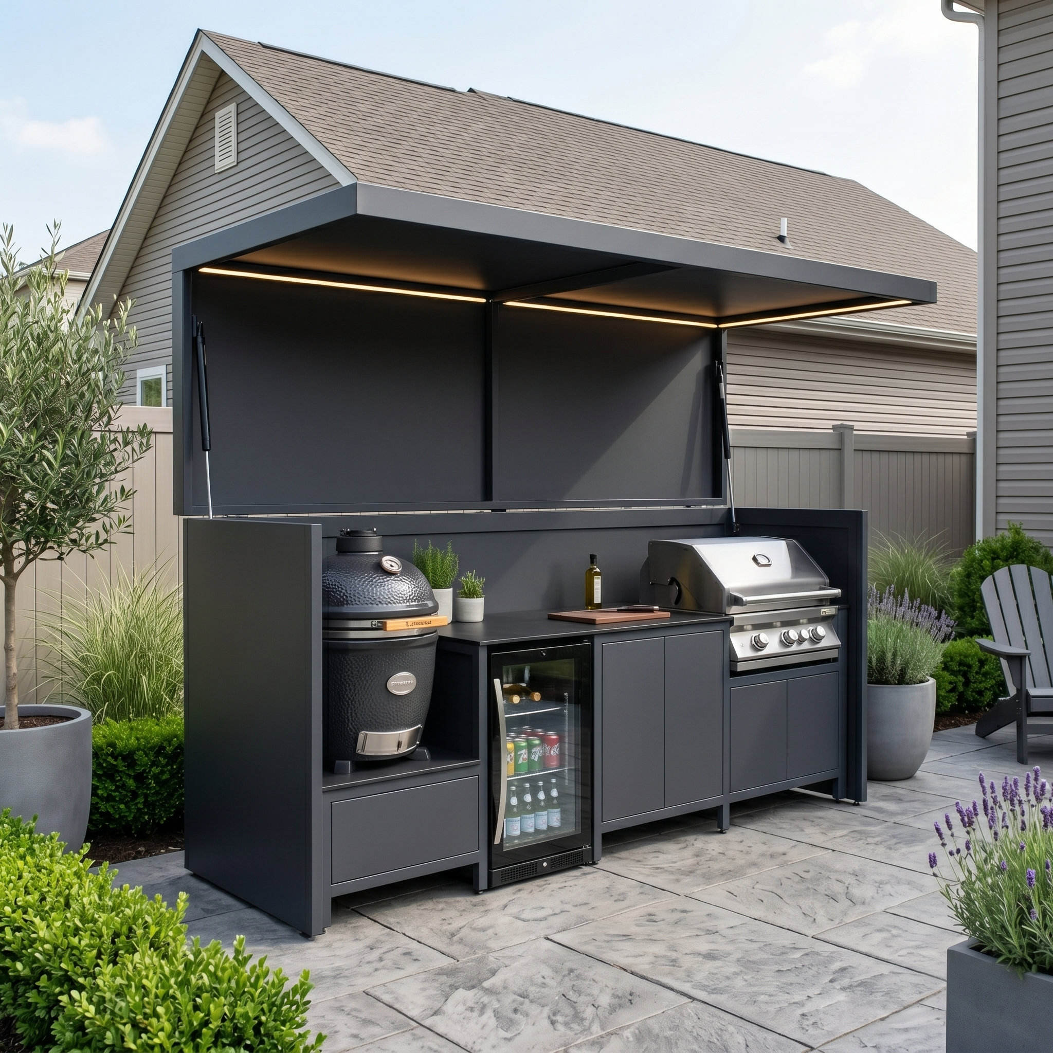 Custom Weatherproof Stainless Steel Outdoor BBQ Pod – Canopy Roof, Refrigerator & Sink for Villa Courtyard