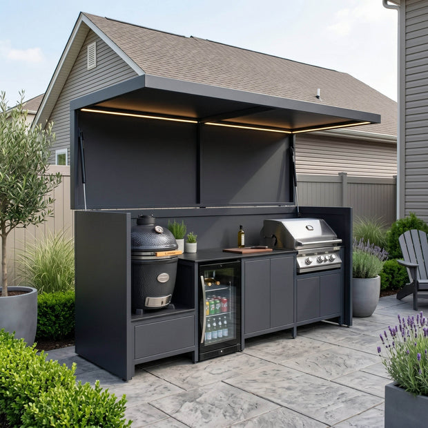 Custom Weatherproof Stainless Steel Outdoor BBQ Pod – Canopy Roof, Refrigerator & Sink for Villa Courtyard