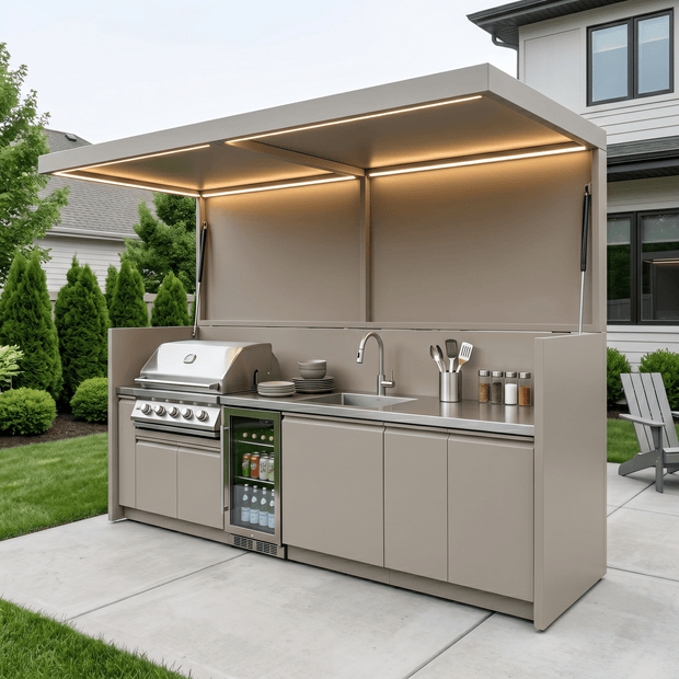Custom Stainless Steel Outdoor Kitchen Pod Set with Shed – Canopy Roof Design, Refrigerator & Sink for Patio