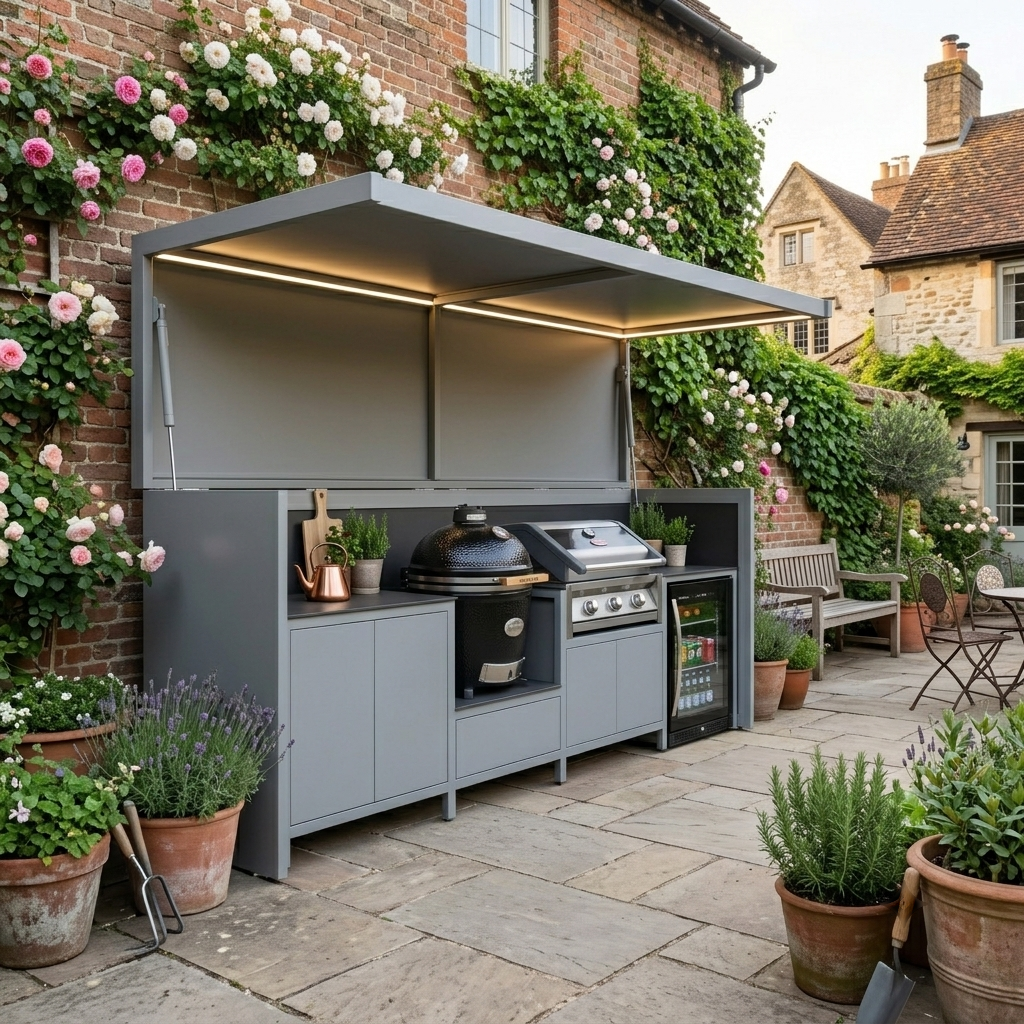 Custom Weatherproof Stainless Steel Outdoor Kitchen Pod Set with Shed – Canopy Roof, Kamado With Sink for Backyard