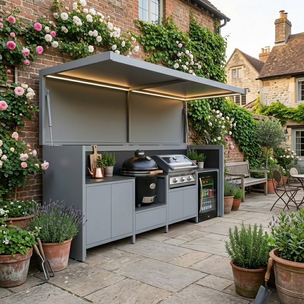 Custom Weatherproof Stainless Steel Outdoor Kitchen Pod Set with Shed – Canopy Roof, Kamado With Sink for Backyard
