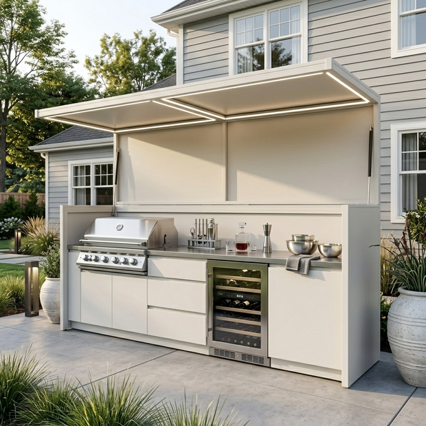 Bespoke Stainless Steel Outdoor Kitchen Pod with Shed and BBQ – Covered Canopy, Gas BBQ Station for Poolside