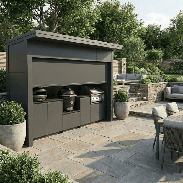 Custom Stainless Steel Outdoor BBQ Pod – Roller Shutter Door, BBQ & Refrigerator for Backyard