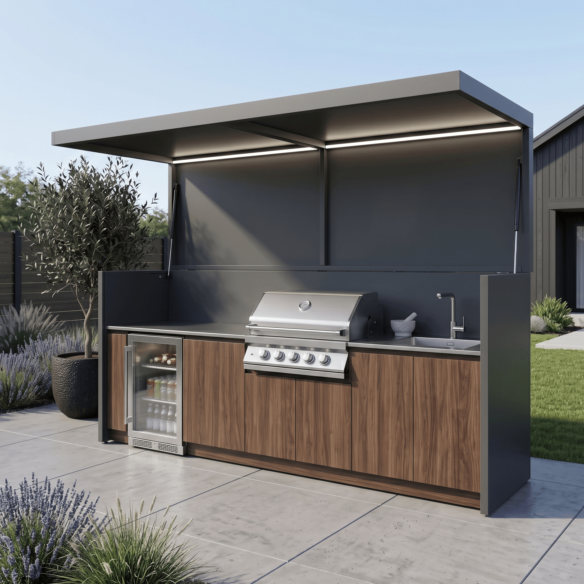 Tailor-Made Modern Stainless Steel Outdoor Kitchen & BBQ Shed – Canopy Roof, Gas BBQ Station for Backyard