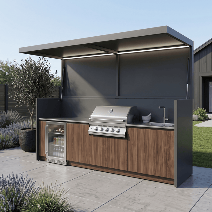 Tailor-Made Modern Stainless Steel Outdoor Kitchen & BBQ Shed – Canopy Roof, Gas BBQ Station for Backyard