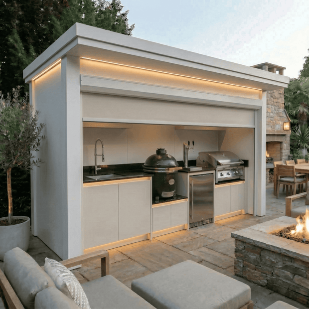 Custom Stainless Steel Outdoor BBQ Pod – Roller Shutter Door, BBQ Station & Sink for Patio