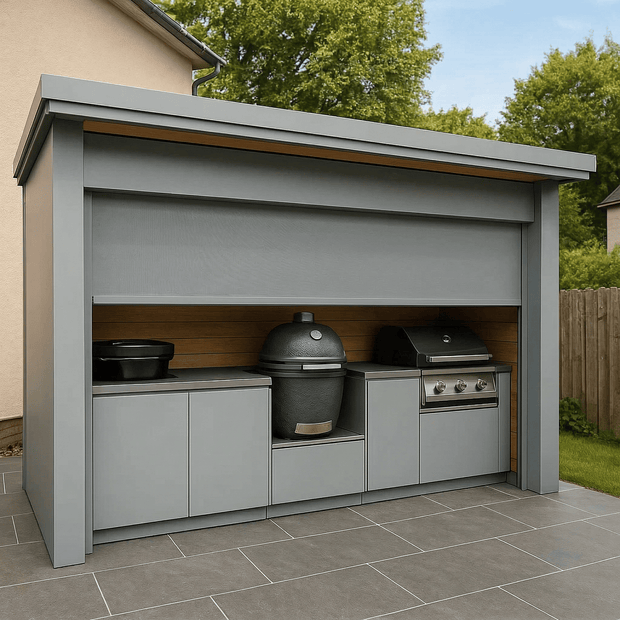Tailor-Made Stainless Steel Outdoor BBQ Kitchen Pod with Shed – Roller Shutter Door, Kamado Grill Station for Poolside