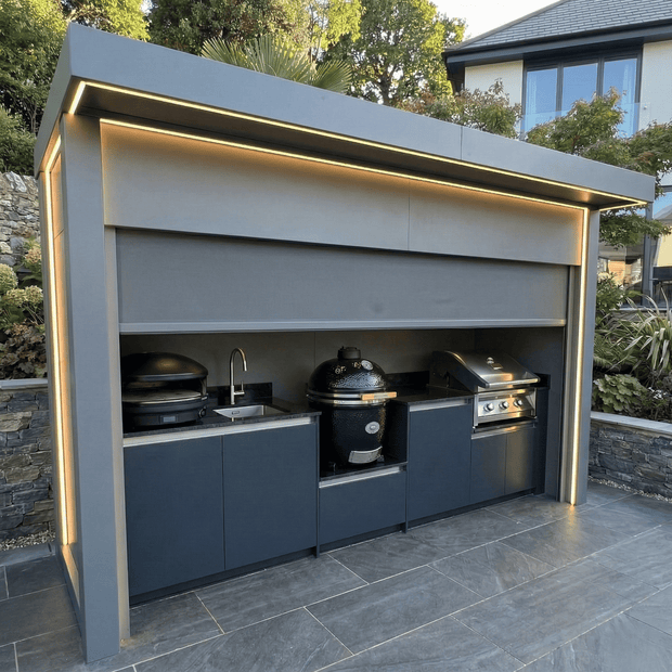 Made-to-Order Stainless Steel Outdoor Kitchen Pod – Roller Shutter Door, BBQ & Fridge for Poolside